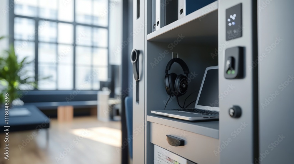 Modern Office Workspace with Headphones and Laptop in a Niche Modern Office Workspace with Headphones and Laptop in a Niche