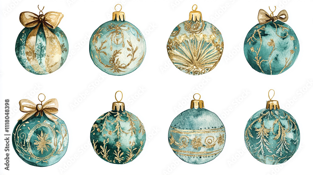 Watercolor set of elegant Christmas tree balls in teal and gold with intricate designs and bows, Merry christmas and Happy new year vector illustration isolated on white background.