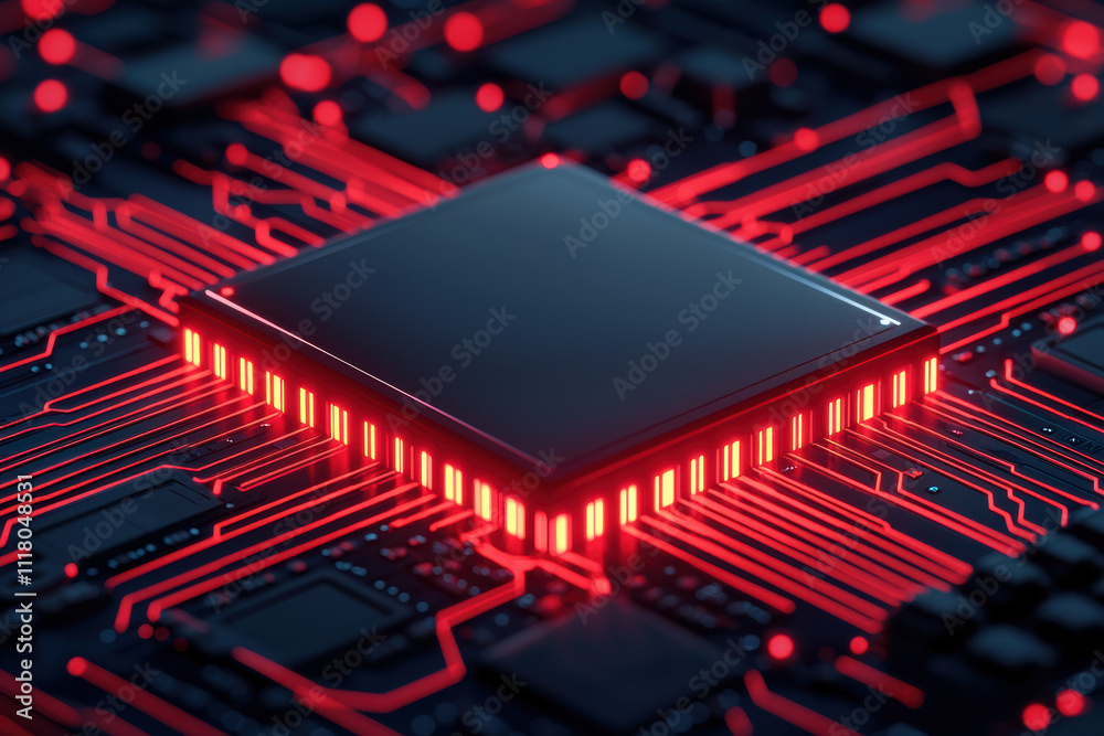 a digital representation of a firewall, Close-up of a modern computer microchip on a circuit board with glowing red lights, showcasing advanced technology and innovation. a digital representation of a firewall, Close-up of a modern computer microchip on a circuit board with glowing red lights, showcasing advanced technology and innovation.