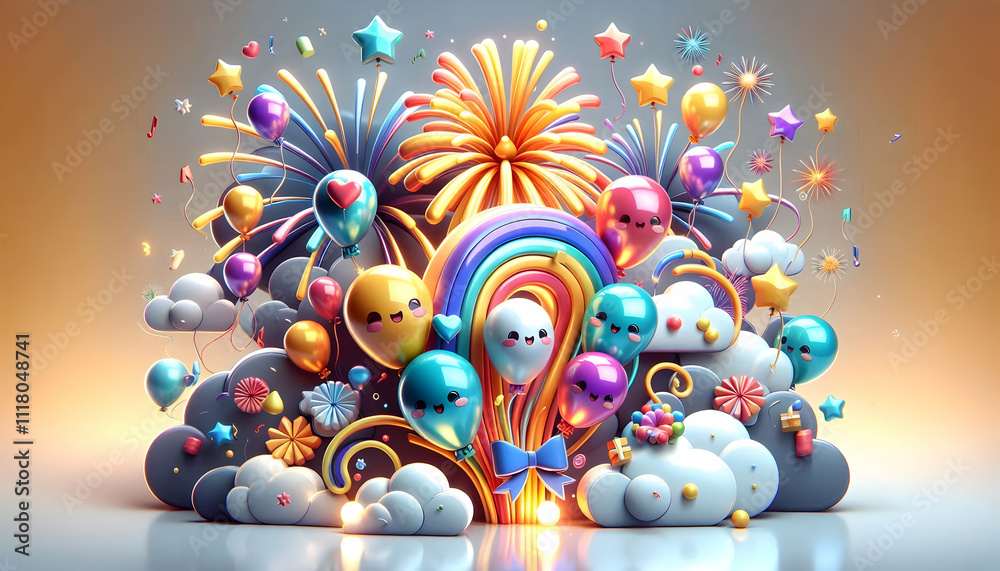 Fototapeta premium 3D Glossy background with fireworks and toasting glasses copy space above. concept as A glossy background adorned with vibrant fireworks and elegant toasting glasses symbolizing excitement and celebra