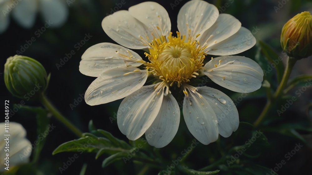 A white flower with water droplets, a yellow center, and green leaves. Several flower buds are visible A white flower with water droplets, a yellow center, and green leaves. Several flower buds are visible