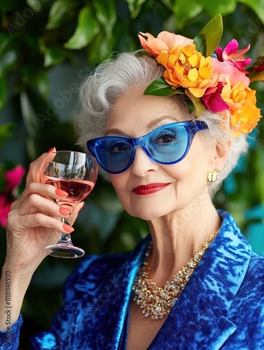 Stylish lady with floral hairpiece and cocktail glass photo