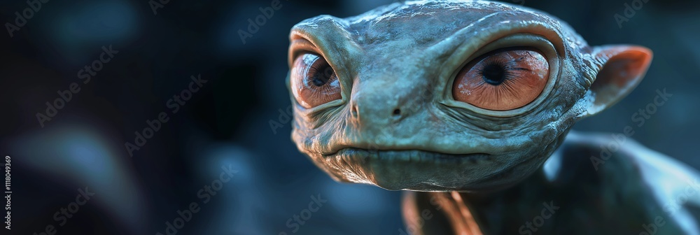 A serene alien being gazes intensely with large expressive eyes. A serene alien being gazes intensely with large expressive eyes.