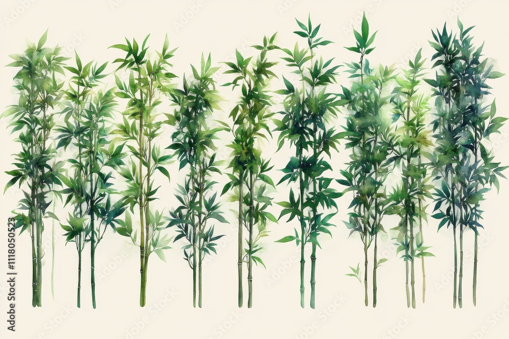 Obraz premium A watercolor illustration of bamboo stalks in varying shades of green against a light background.