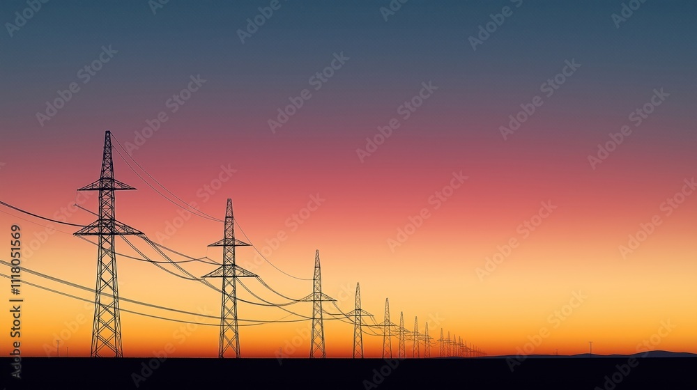 Fototapeta premium Silhouette of power transmission towers against colorful sunset sky. Lines of electrical cables stretch across horizon. Industrial landscape at dusk. Electric company tech. Energy supply.