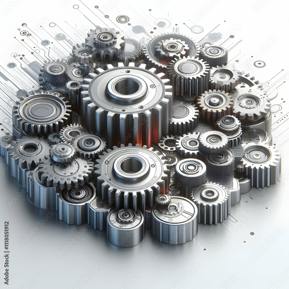 3D Glossy metallic gears with digital enhancements and copy space concept as A glossy metallic background featuring interlocking gears enhanced with digital elements providing a visually striking and 3D Glossy metallic gears with digital enhancements and copy space concept as A glossy metallic background featuring interlocking gears enhanced with digital elements providing a visually striking and