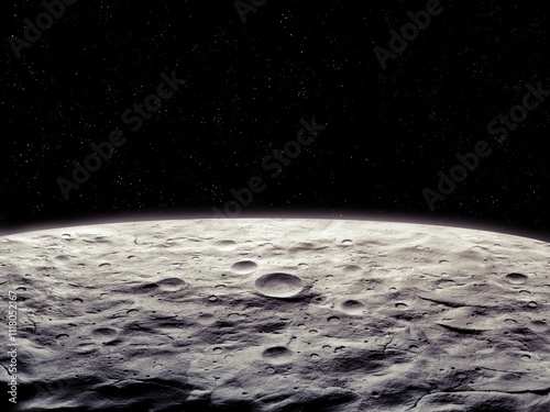 Planet with craters in space. Surface of a rocky satellite. Alien landscape. Planet without atmosphere. photo