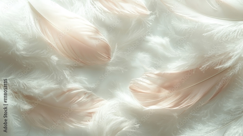 Fototapeta premium Soft Pink And White Feathers, Delicate Texture Background, Gentle Romantic Dreamy Atmosphere