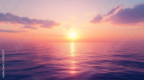 Serene sunset over calm ocean waters, creating a peaceful ambiance.