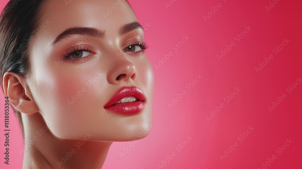 Model with glossy makeup posing on pink background Model with glossy makeup posing on pink background