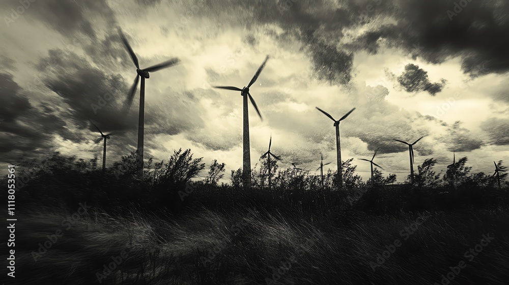 Silhouettes of wind turbines against a dramatic cloudy sky. Silhouettes of wind turbines against a dramatic cloudy sky.