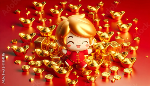 3D Glossy red background with golden ingots scattered and copy space below. concept as A glossy red backdrop with golden ingots scattered across the bottom symbolizing wealth and prosperity for Chines