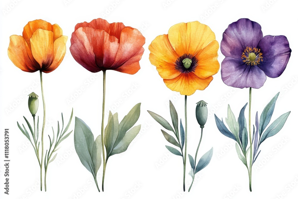 A watercolor illustration of four vibrant flowers with green leaves. A watercolor illustration of four vibrant flowers with green leaves.