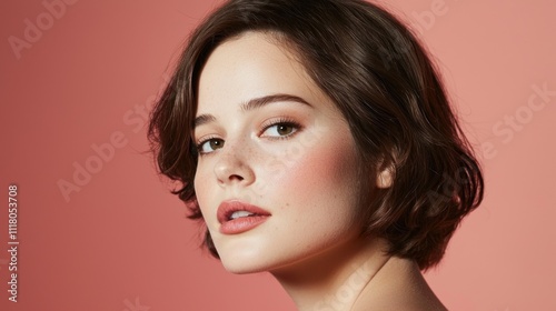 Woman with bob hairstyle posed against peach background