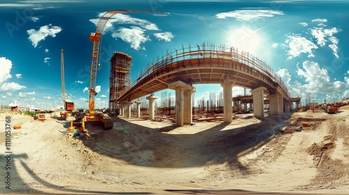 360? view of a large-scale construction site under a sunny sky, showing a bridge under construction with cranes, machinery, and workers.