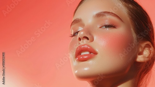Glossy portrait of woman with dewy, sunlit skin. photo