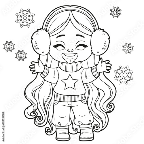 Cute cartoon longhaired girl in warm sweater catches snowflakes with tongue outlined for coloring page on white background