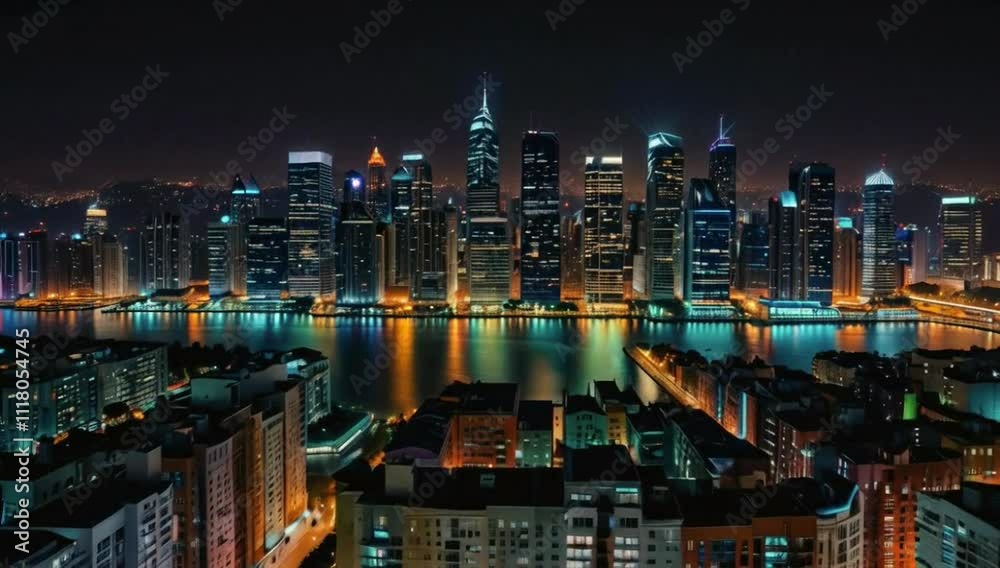 A city skyline at night, with tall buildings, roads, cars, and water. Bright lights everywhere A city skyline at night, with tall buildings, roads, cars, and water. Bright lights everywhere