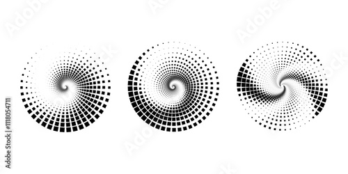 Set of black square halftone dots in vortex form. Geometric art. Trendy design element for logo, tattoo, sign, symbol, web, prints, posters, social media, template, pattern, abstract backdrop