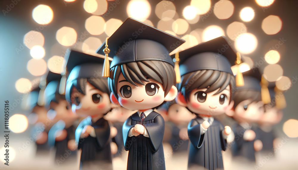 Obraz premium 3D Graduates in cap and gown posing in bokeh digital art background copy space on right concept as Graduates in cap and gown posing gracefully in front of a bokeh digital art background highlighting a