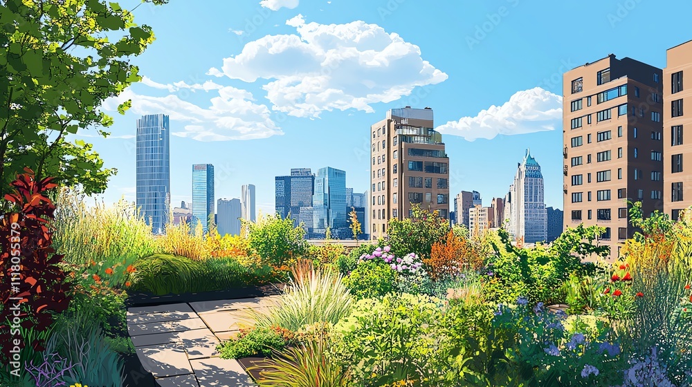 Fototapeta premium Urban rooftop garden with city skyline and lush greenery.