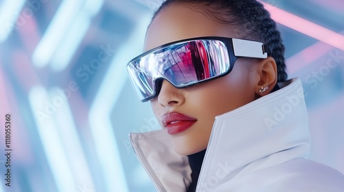 Stylish woman in futuristic sunglasses and outfit. photo