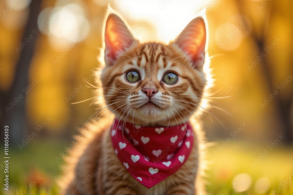 Cute orange cat wearing a red bandana with hearts, looking at the camera in a sunny park Cute orange cat wearing a red bandana with hearts, looking at the camera in a sunny park