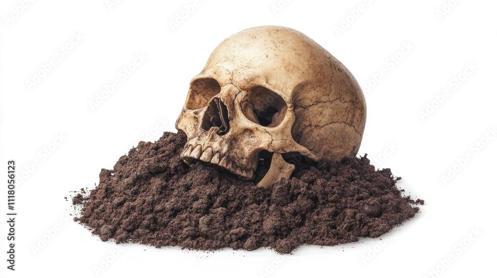 A clean depiction of a weathered human skull resting on a mound of soil, set against a stark white background A clean depiction of a weathered human skull resting on a mound of soil, set against a stark white background