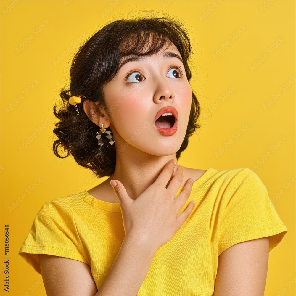 Young woman with surprised look holding her throat