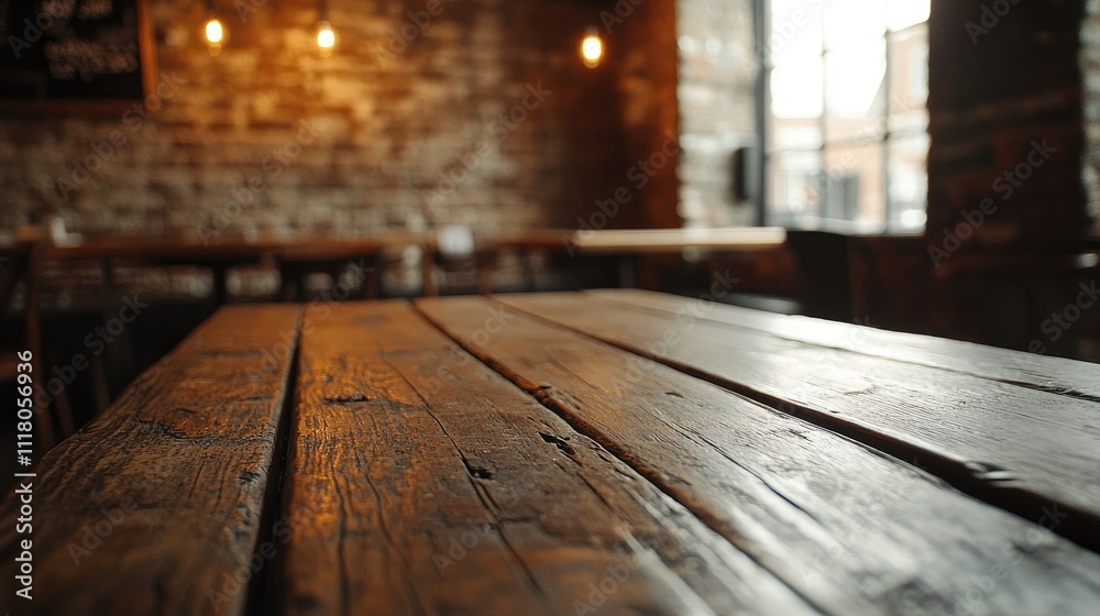 A close-up view of an empty rustic wooden table with a textured brick wall blurred in the background A close-up view of an empty rustic wooden table with a textured brick wall blurred in the background