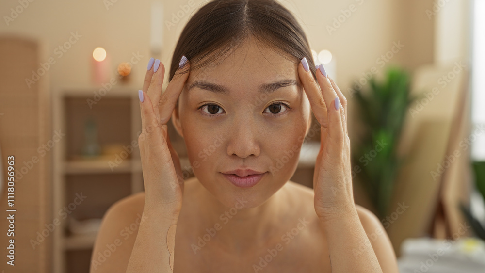 Young, beautiful, asian, woman in a wellness center, looking directly at the camera while touching her face in a serene, indoor spa setting with soft background lighting. Young, beautiful, asian, woman in a wellness center, looking directly at the camera while touching her face in a serene, indoor spa setting with soft background lighting.