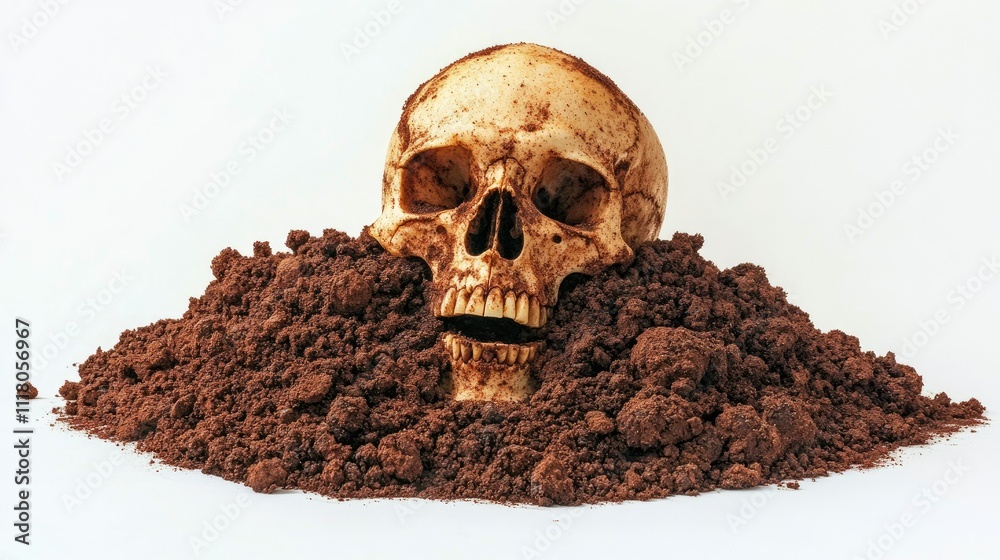 A detailed image of a human skull emerging from a small pile of earth, isolated on white for a striking visual A detailed image of a human skull emerging from a small pile of earth, isolated on white for a striking visual