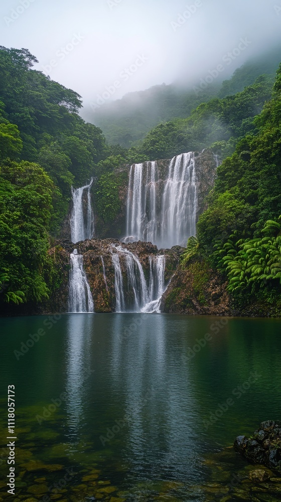 Fototapeta premium Captivating waterfall cascading into serene pool amid lush greenery