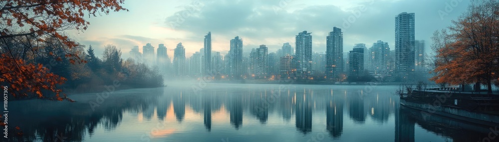 Fototapeta premium A city skyline reflected in a river, showcasing architecture and water