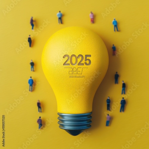 A creative concept showing a bright yellow light bulb with miniature people around it, symbolizing innovation and future ideas for 2025. photo