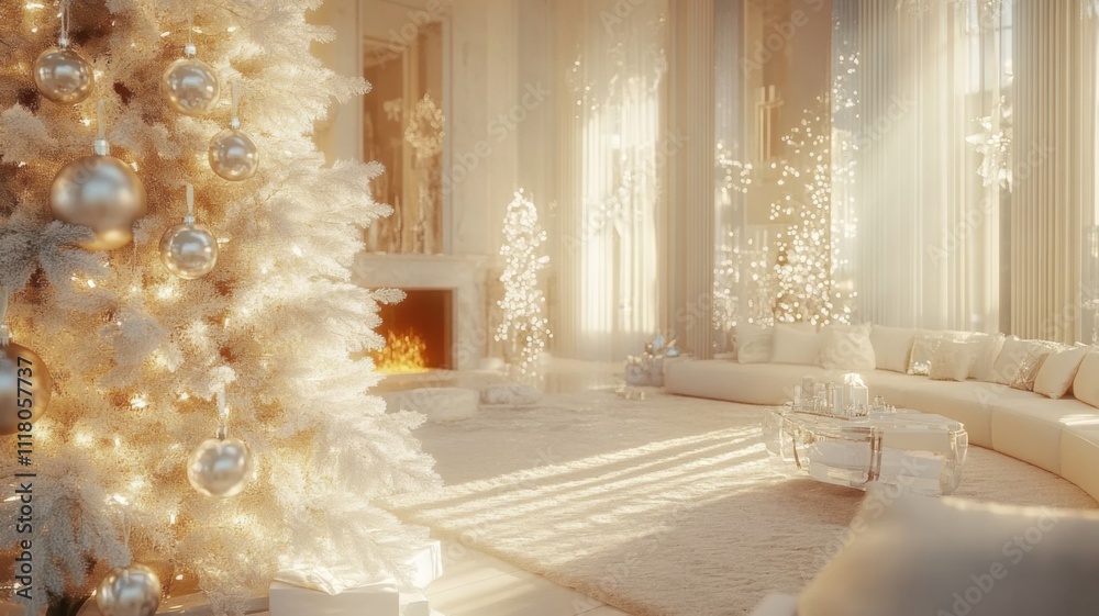 A White Christmas Tree with Gold Ornaments in a Luxurious Room A White Christmas Tree with Gold Ornaments in a Luxurious Room