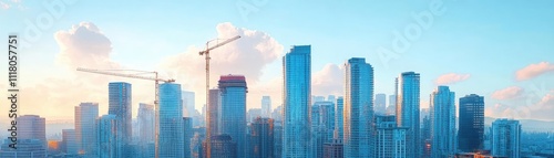 A city skyline with construction cranes, showing urban growth photo