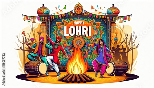 Punjabi festival lohri celebration bonfire background. Vector illustration