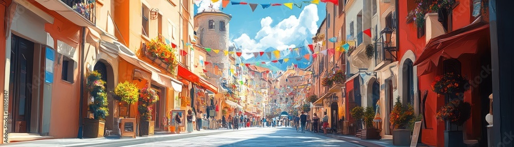 Naklejka premium A city street with flags and banners for a festival, celebrating local culture