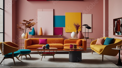 A dynamic workspace scene with bold color blocking in seasonal tones, fashion sketches on oversized paper, and fabric swatches elegantly draped over modern furniture. Include abstract sculptures.