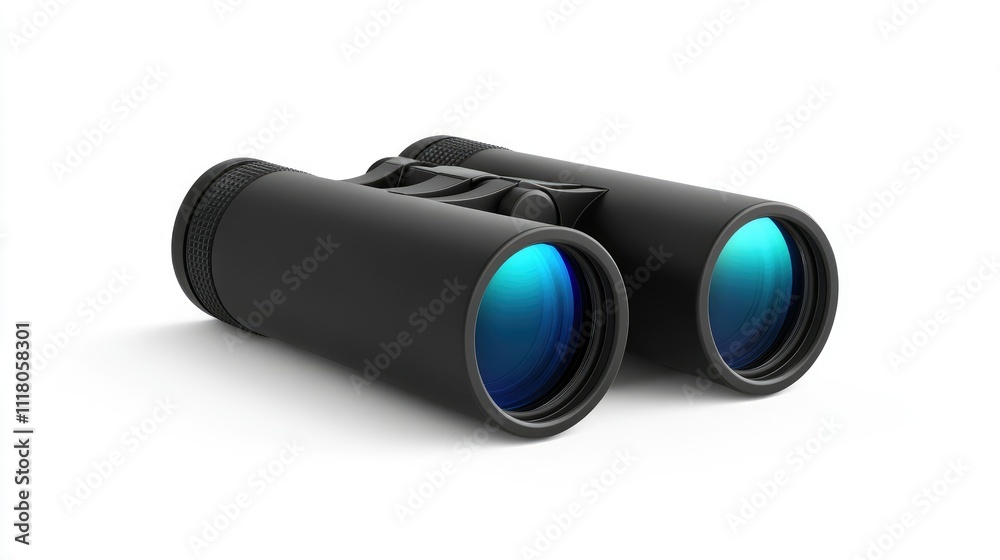 A pair of durable black plastic binoculars with clean edges and reflective lenses, on white background A pair of durable black plastic binoculars with clean edges and reflective lenses, on white background