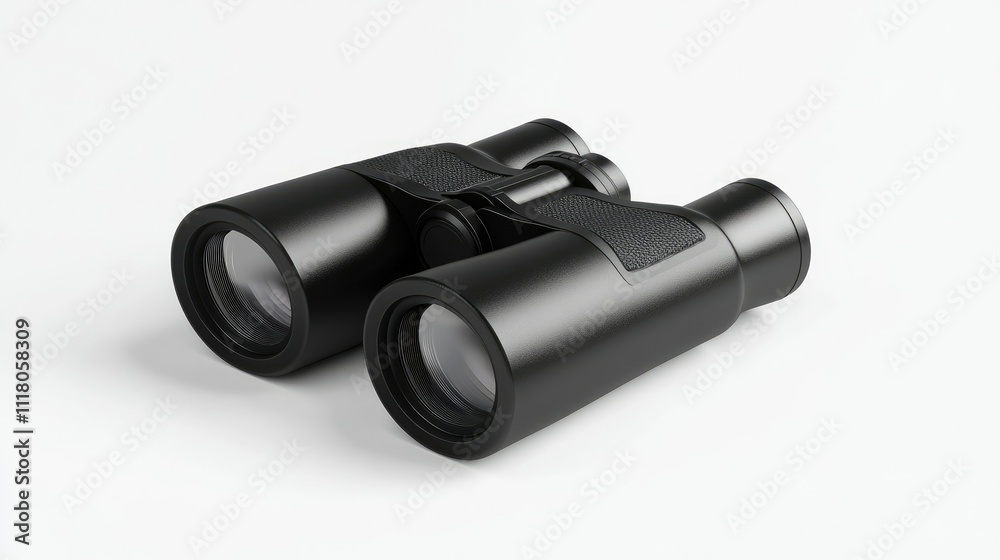 A pair of durable black plastic binoculars with clean edges and reflective lenses, on white background A pair of durable black plastic binoculars with clean edges and reflective lenses, on white background