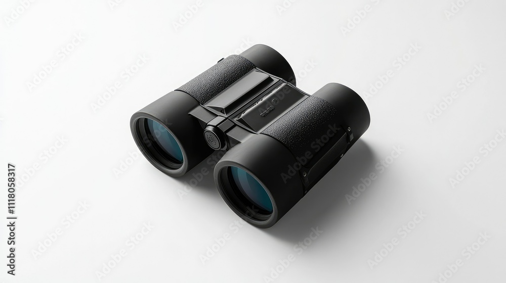 A pair of durable black plastic binoculars with clean edges and reflective lenses, on white background A pair of durable black plastic binoculars with clean edges and reflective lenses, on white background