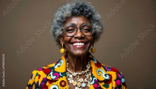 Eccentric older black woman with playful fashion style modern chunky glasses hat accessories fun