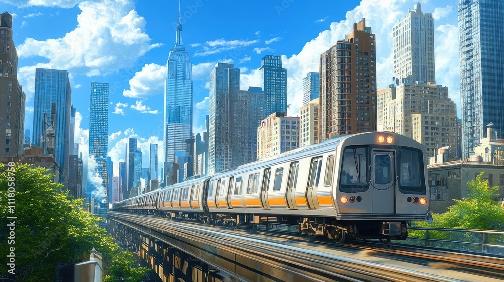A commuter train passing by skyscrapers, moving through the urban core