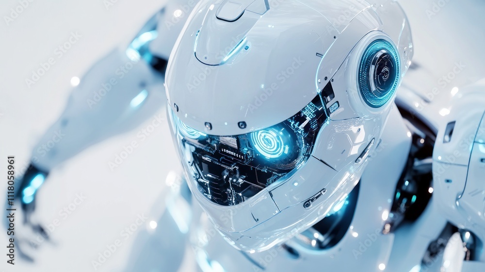 Close-up of a futuristic white robot's head with glowing blue lights. Close-up of a futuristic white robot's head with glowing blue lights.
