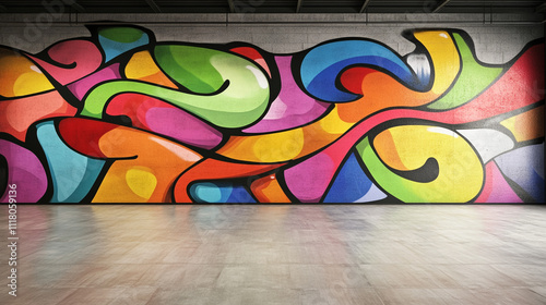 Colorful mural with graffiti on it. The mural is on a wall in a room. The room is empty and has a lot of space photo