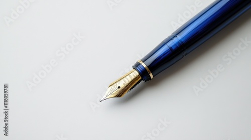 A single blue feather ink pen resting elegantly on a clean white surface, isolated for a minimalist aesthetic