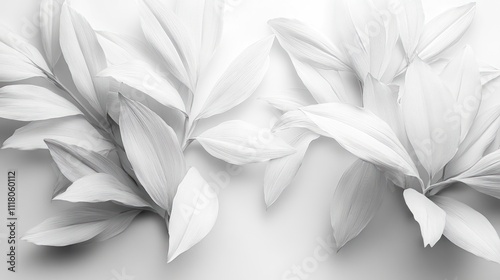 A monochromatic arrangement of delicate white leaves on a light background.