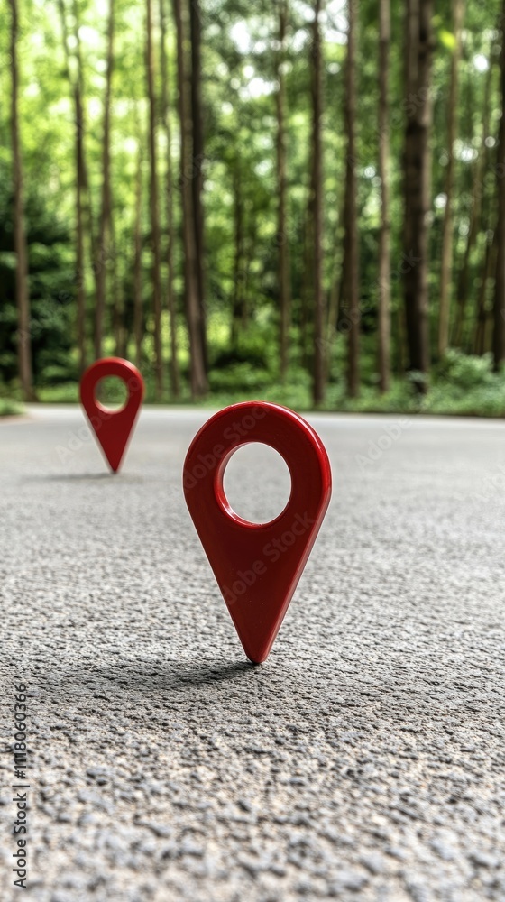 Fototapeta premium A bright red location pin marks the asphalt road surrounded by a stunning forest, illuminated by warm sun rays and soft bokeh